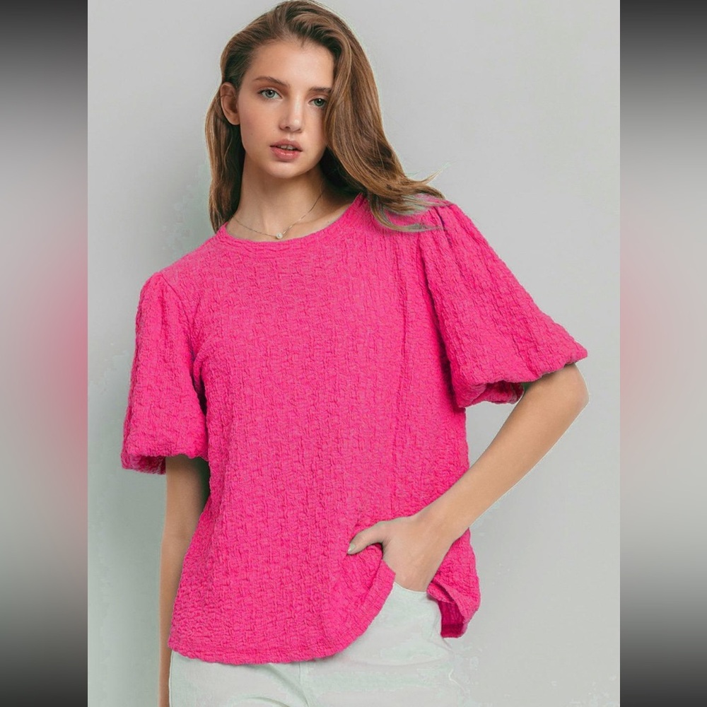 Solid Textured Puff Sleeve Blouse Top